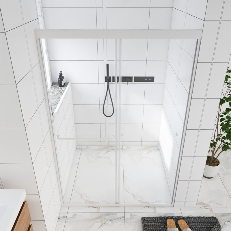 48 po Double porte de douche coulissante encadrée au fini nickel brossé avec verre transparent, Noir