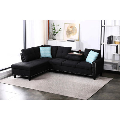 Ensemble de 2 pièces faisant face à la gauche de 98 po de largeur, mélange de lin gris anthracite, conception et accoudoirs arrondis, garniture cloutée, sièges rembourrés de mousse pour plus de confort, dossiers amovibles, lin à cinq espaces