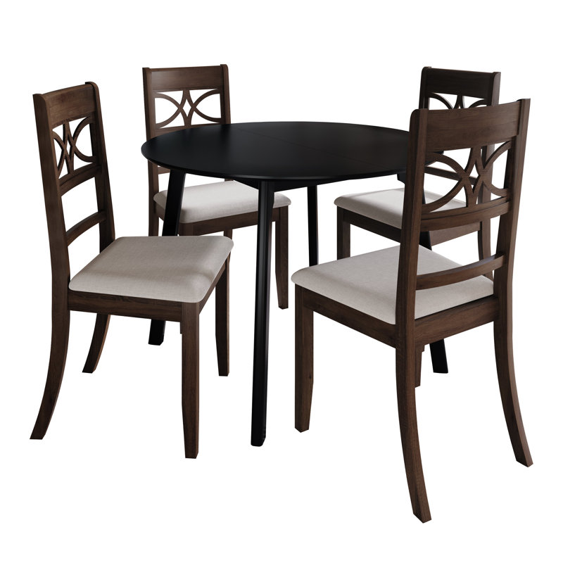 5-Piece Dining Set With Black Round Table And Brown Upholstered Intricately Designed Back Chairs, Brown