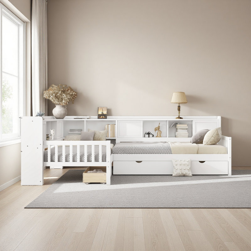 Lit plateforme en L simple avec lit gigogne, lit plateforme en bois massif avec tiroirs de rangement et tablettes, aucune boîte à ressorts nécessaire