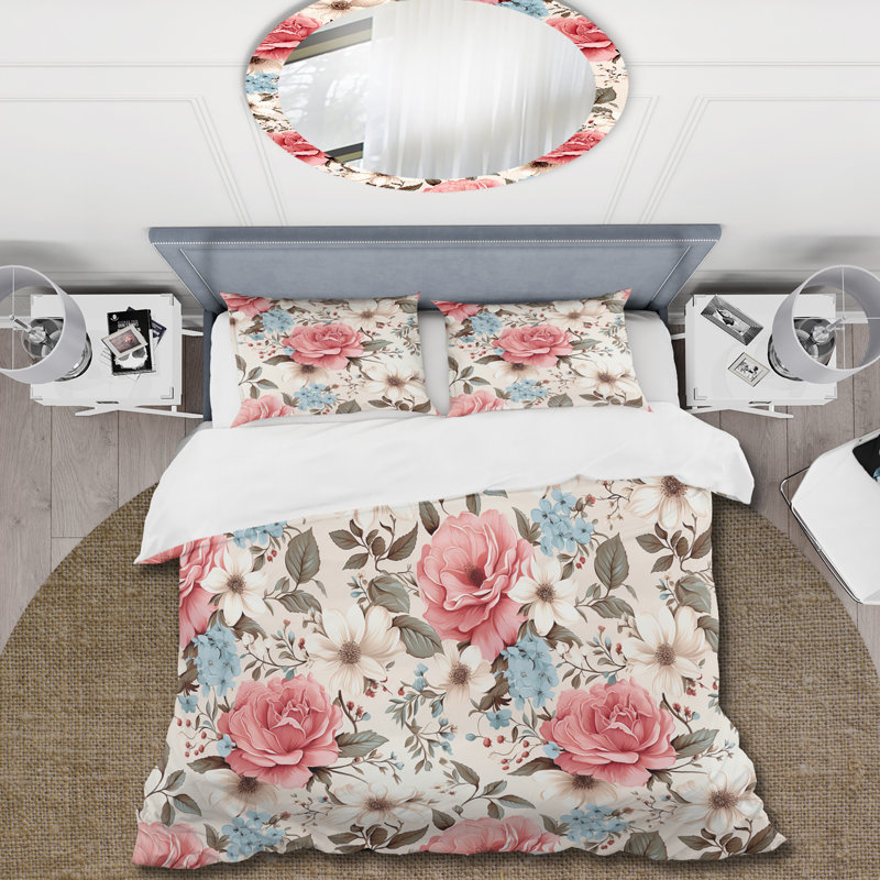 Ensemble de housse de couette floral rose antique, Housse de couette pour grand lit et 2 taies décor
