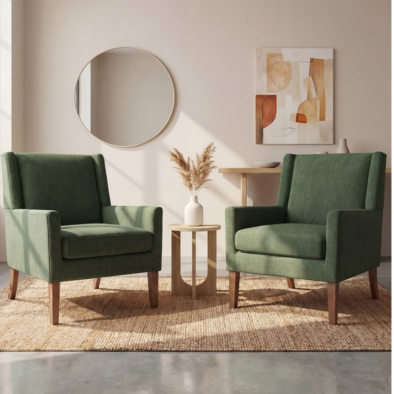 Ayran Upholstered Wingback Armchair with Solid Wood Legs, Green Fabric