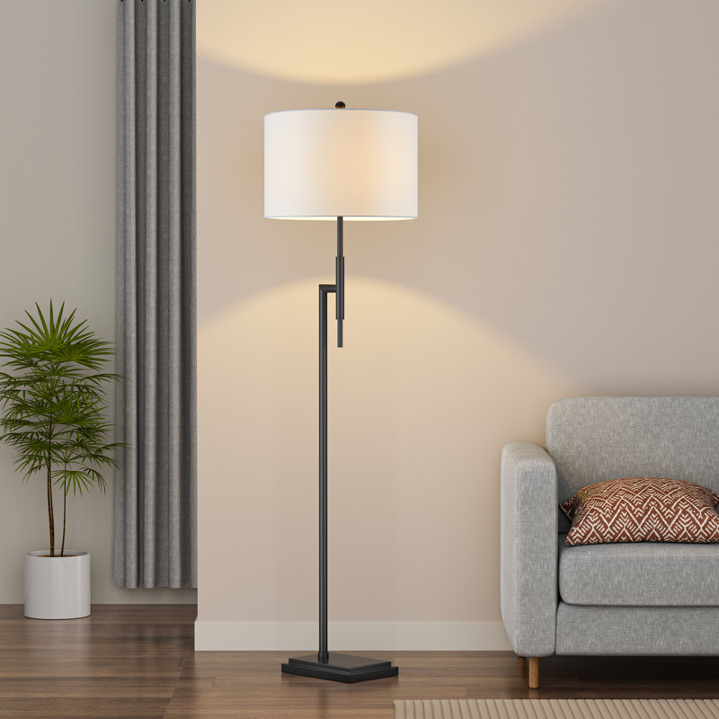 64.6" Black Arc Floor Lamp With Fabric Drum Shade