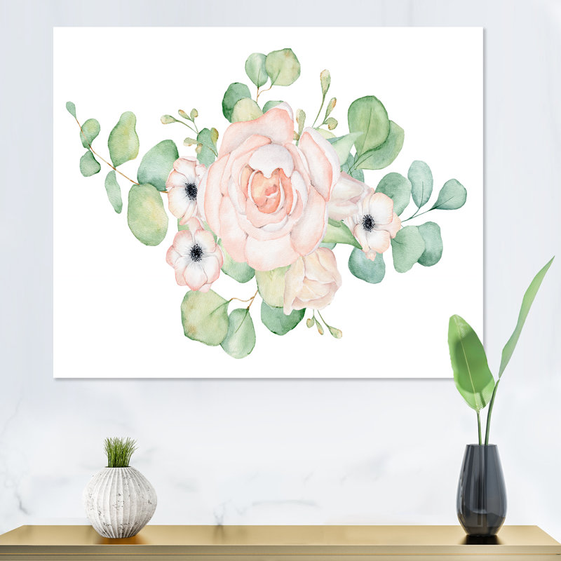 Fleurs et bouquet de feuilles d'eucalyptus II - Peinture sur toile, H 16 po x l 32 po x P 1 po, Toile tendue