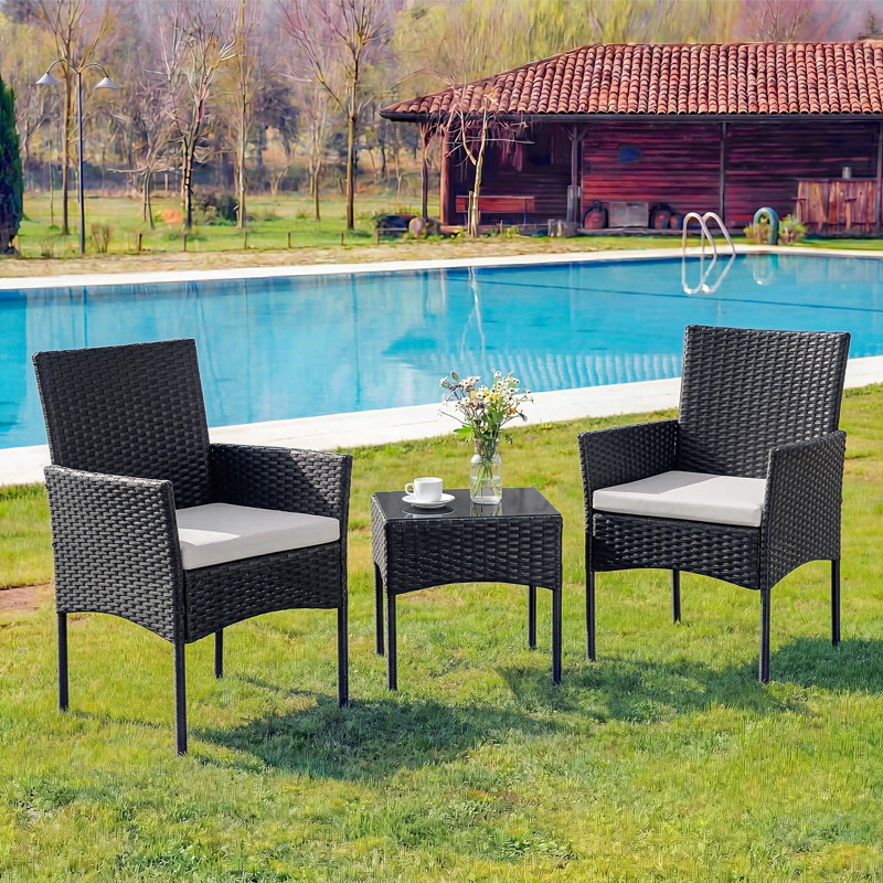 3 Piece Wicker Outdoor Patio Set, All-Weather PE Rattan Outdoor Conversation Set with Glass Table & Cushions for Balcony, Backyard