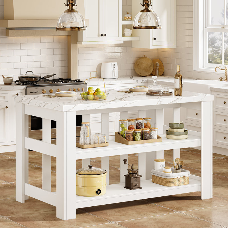 Îlot de cuisine DynJest avec prise électrique, comptoir en faux marbre blanc, étagères de rangement ouvertes à 2 niveaux, table de préparation de cuisine autoportante pour salle à manger