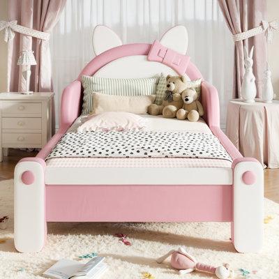 Lit plateforme simple tapissier simple en forme de chat pour enfant, cadre de lit pour enfant à profil bas de style princesse pour lit, blanc et rose
