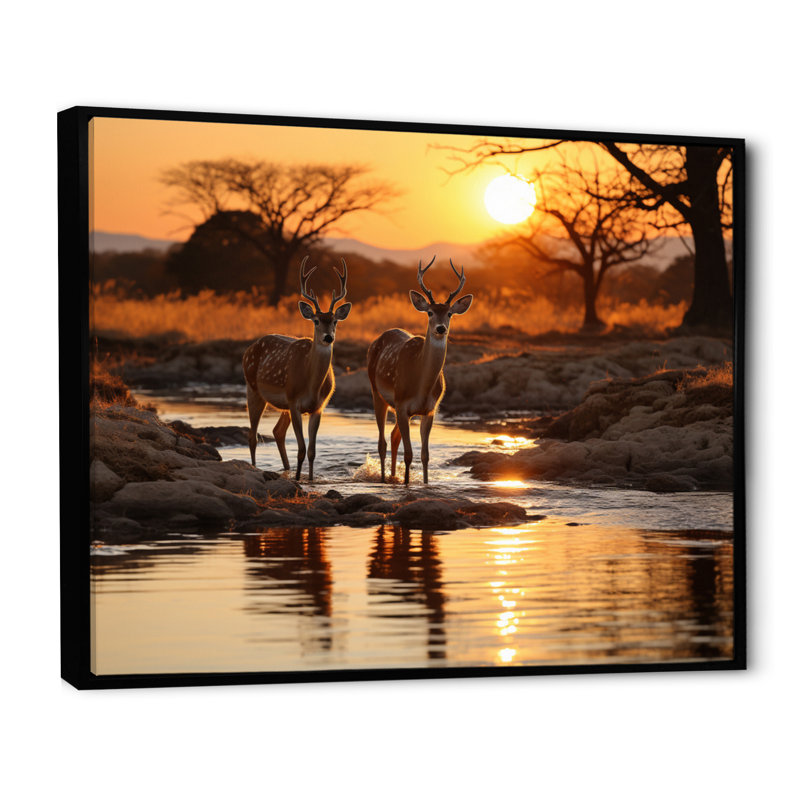 Cerf africain sur toile, H 24 po x l 32 po, Cadre flottant noir