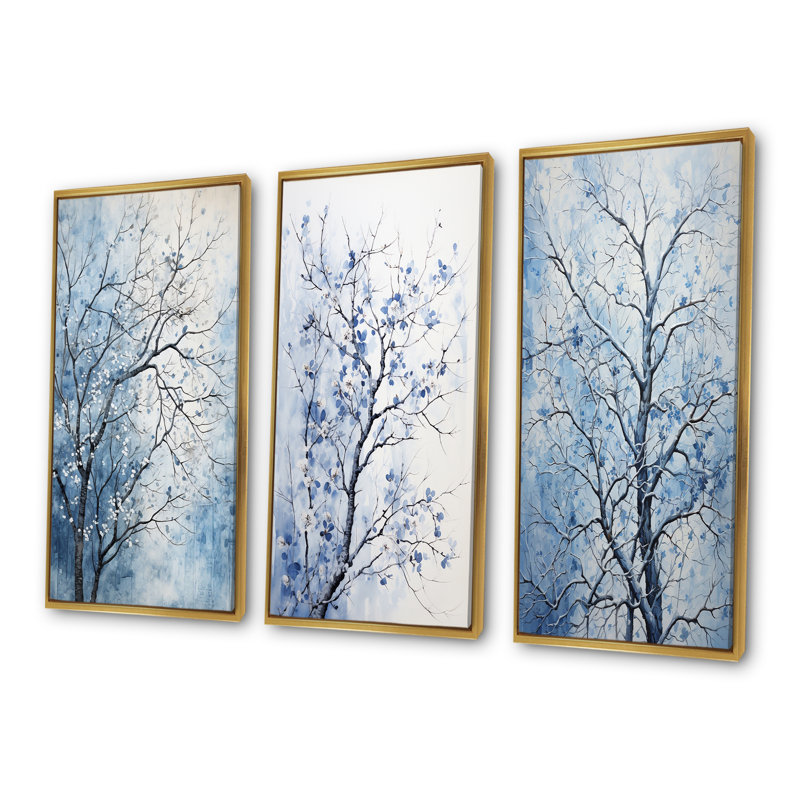 «Blue and White Tree Blooms In Winter I», ensemble de 3 reproductions d'art mural, Cadre flottant doré, H 28 po x l 36 po