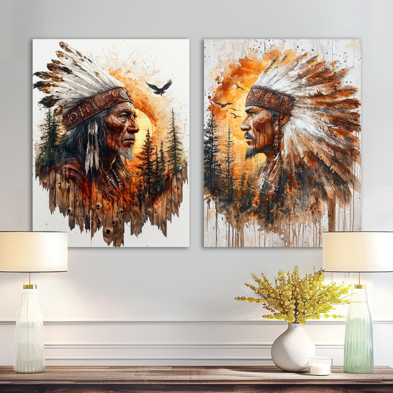 Native American Warrior Energy of Forest I - Brown, impression d'art mural en métal, ensemble de 2, 32" H x 48" W