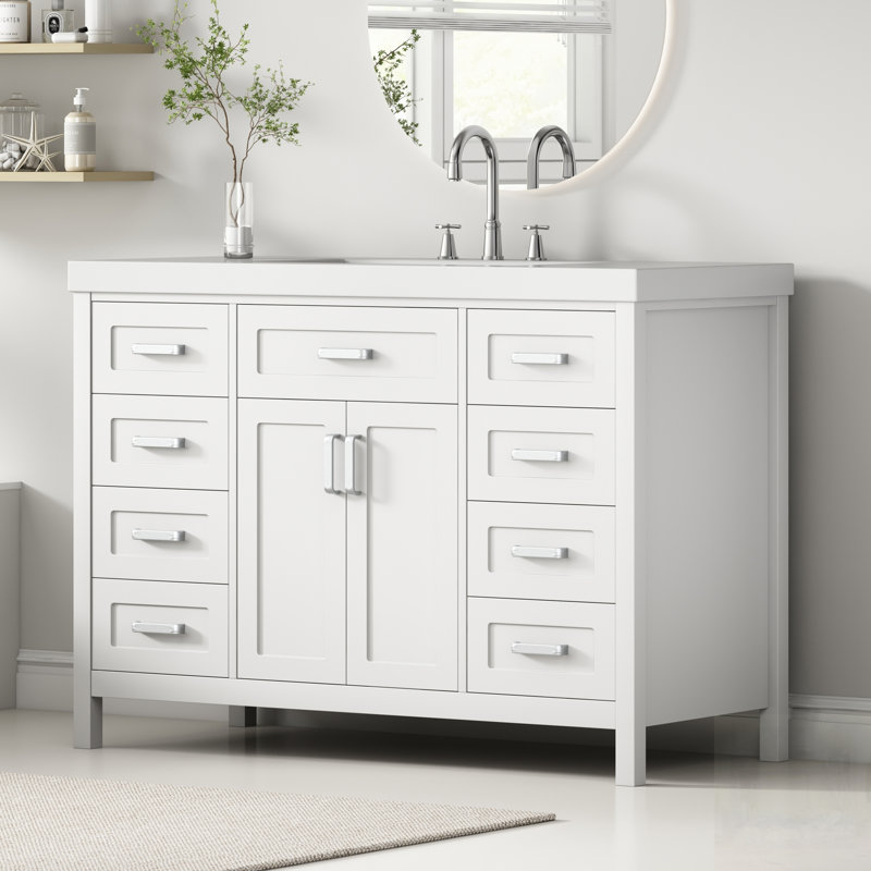 Meuble-lavabo de salle de bain avec lavabo, 2 portes, 8 tiroirs, système de fermeture en douceur, conception classique, Blanc