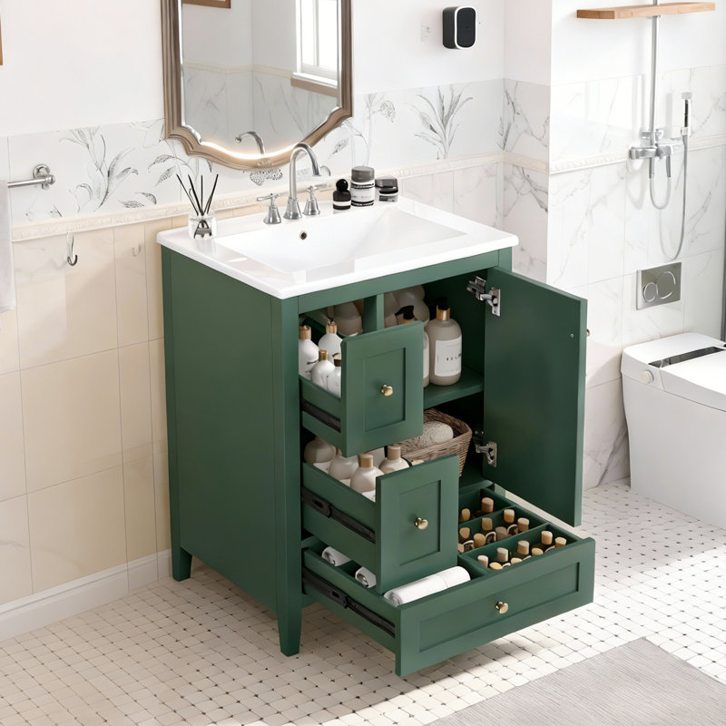 24" Bathroom Vanity With Storage: Adjustable Shelf, Mdf & Rubberwood Construction, Removable Dividers, Green, Gold
