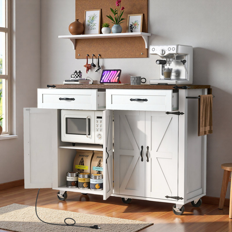 Farmhouse Kitchen Island with Power Outlet and Drop Leaf, White