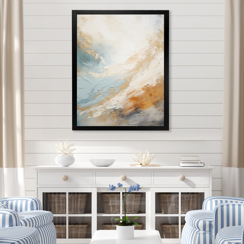 «Modern Coastal Blue and Gold River II», reproduction d'art mural plage et océan, Cadre simple noir