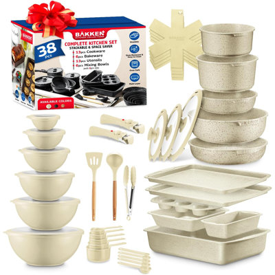 Bakken Master 38-piece Granite Cookware & Bakeware Set – Nonstick Pots & Pans, Detachable Handles, Glass Lids, Mixing Bowls & Trays