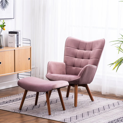 Fauteuil d'appoint en velours mauve avec revêtement luxueux, support en bois d'hévéa massif, capitonnage à boutons en losange, passepoil, fauteuil 73 cm l x 84 cm p x 94 cm h, revêtement assorti doux et soyeux 65 cm l x 43 cm p x 42 cm h
