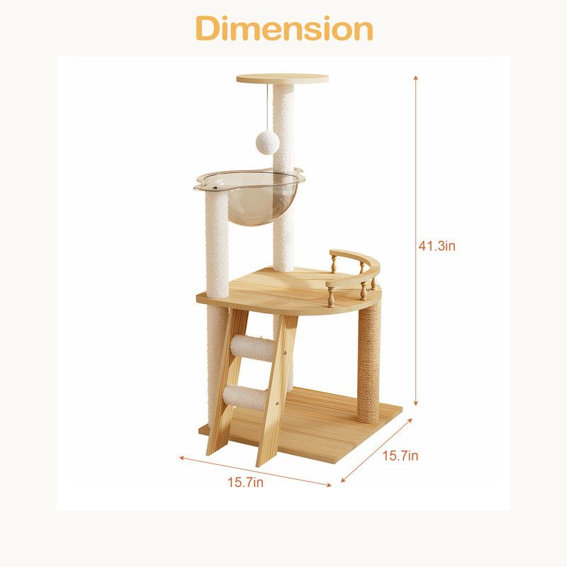 Tour à chat moderne de 41,3 po, tour d'arbre à chat en bois pour chats d'intérieur, arbre à chat avec poteaux à griffer recouverts de sisal et perchoir supérieur, maisonnette pour chat avec hamac en acrylique pour petits chats