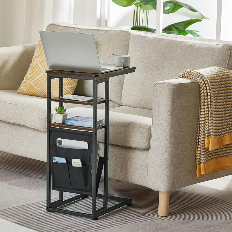 C Shaped End Table for Couch, C Shaped Side Table with Storage Bag, C Table for Sofa with 2 Storage Shelf, Black With Socket
