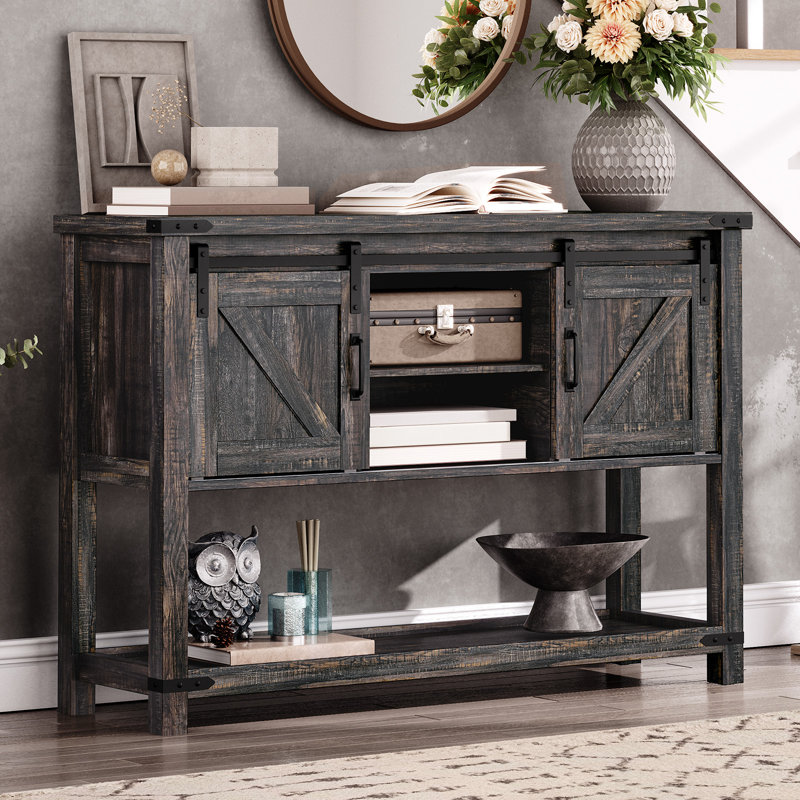Ordonez 31.9" H Rectangular Console Table with Shelves, Dark Rustic Oak, 31.9" H x 39.4" W x 13.8" D