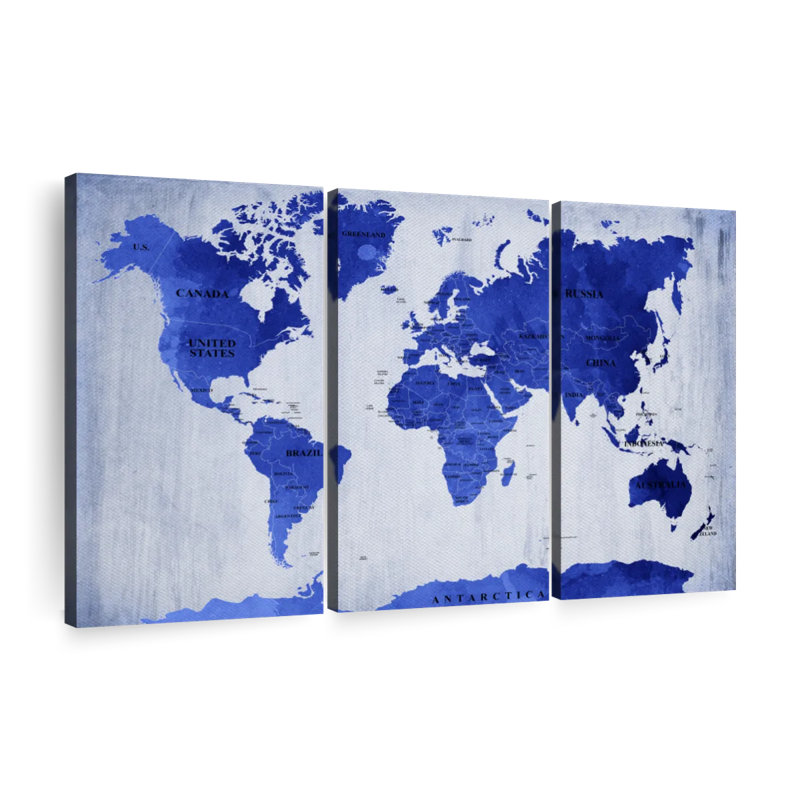 " Vivid Blue World Map " by Globetrotter Studio 3 - Pieces, 24" H x 38" W x 1.25" D