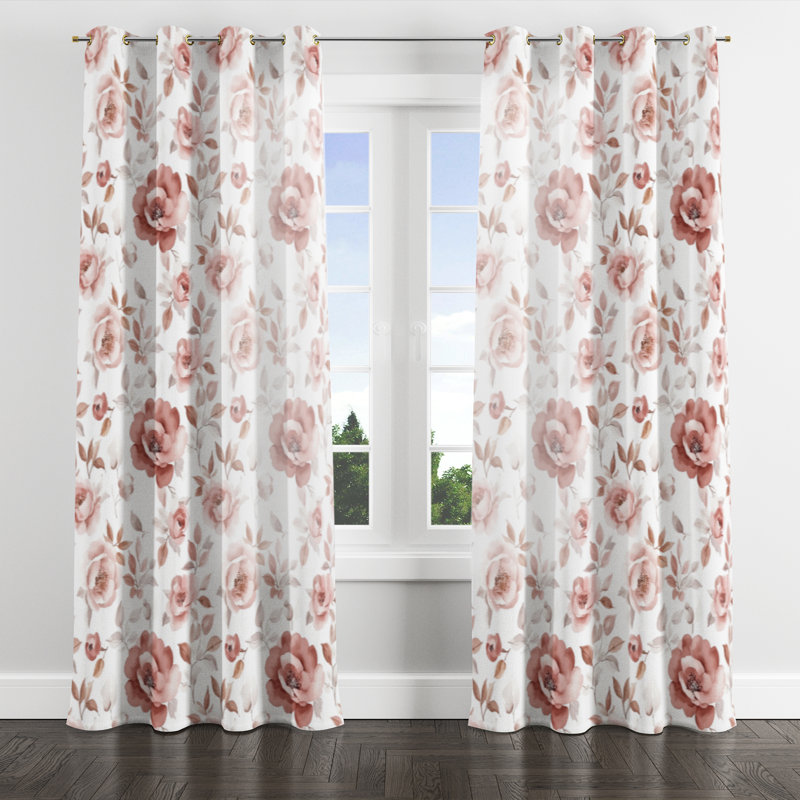 Floral Room Darkening Curtains - French Country Pink And Grey Dusty Bloom Grommet Curtain - 1 Panel, Gold Grommets