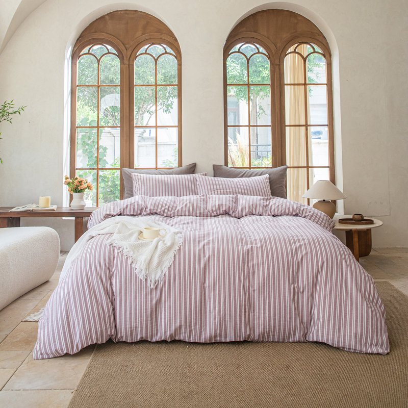 Ensemble de housse de couette rayé 100% coton délavé DONEUS, Housse de couette double + 2 taies d'oreiller stan, Mauve ancien