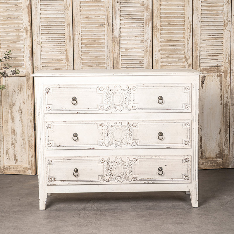 Armoire à 3 tiroirs en bois massif, aspect antique, pour la décoration intérieure crème