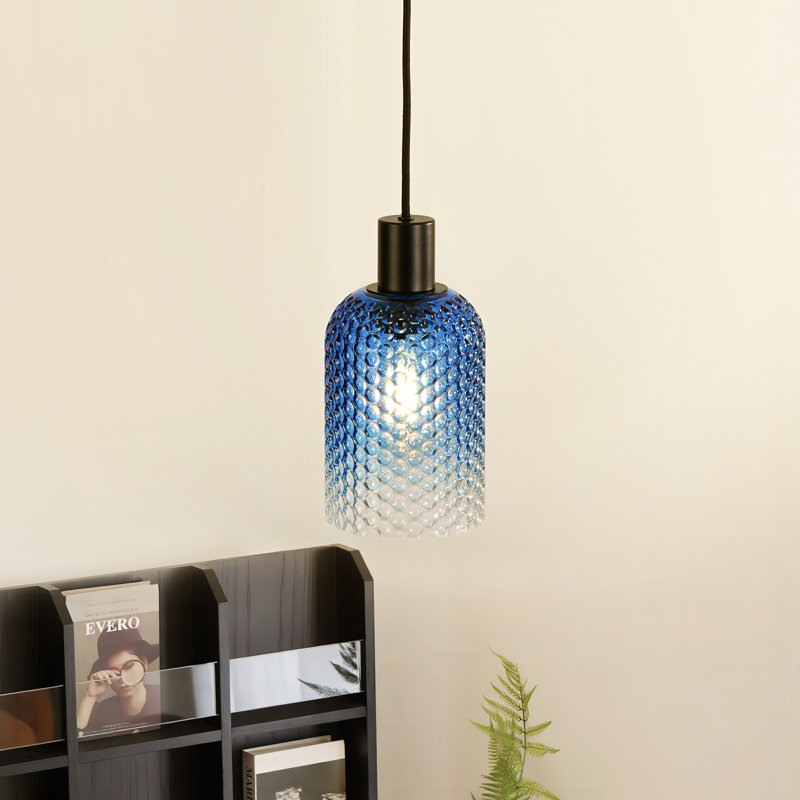  Luminaire suspendu en verre texturé à 1 lumière pour salle à manger Dansby, Noir mat