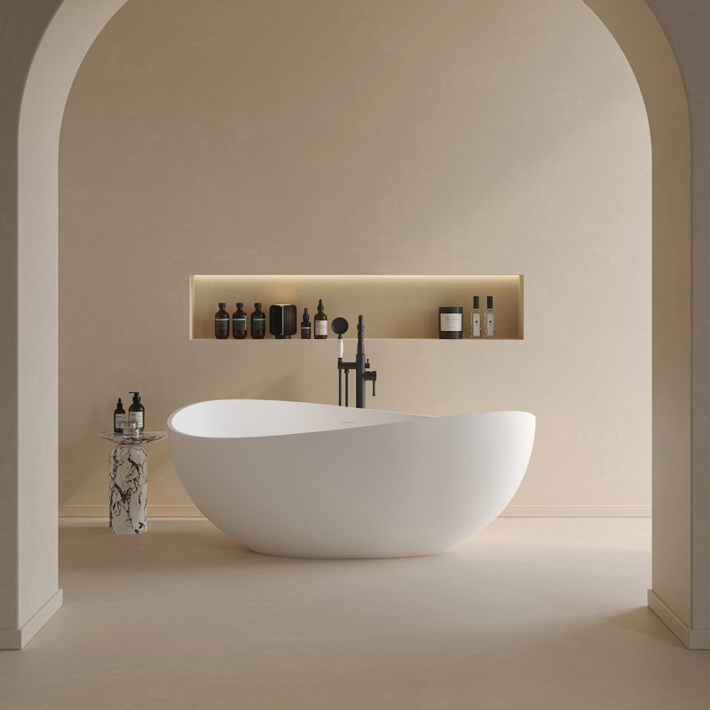 63 x 37.38 Freestanding Bathtub, Oval Shaped Stone Resin Freestanding Tubs, Solid Surface Matte White Soaking Tub with Overflow and Pop-up Drain