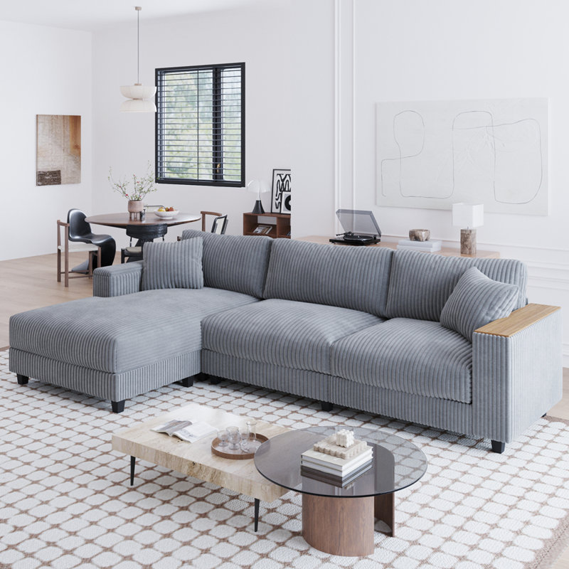 Canapé en velours côtelé avec 2 coussins, canapé modulaire en L surdimensionné avec méridienne réversible, rangement dissimulé et accoudoirs confortables pour les salons modernes
