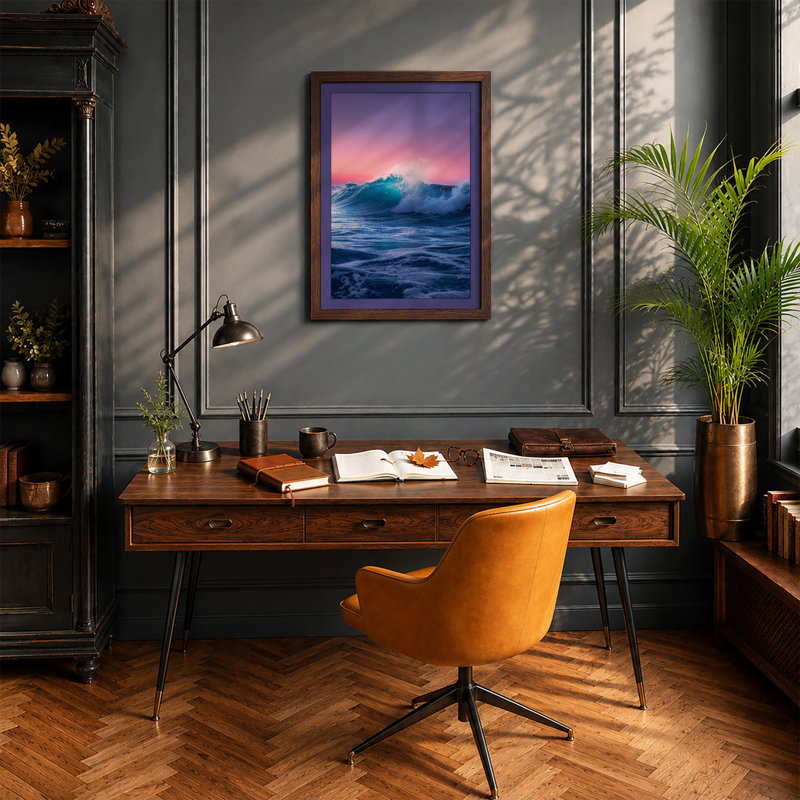 Wave at Twilight Coastal - Framed Print, A4 - 29.7 x 21.0 cm, Walnut