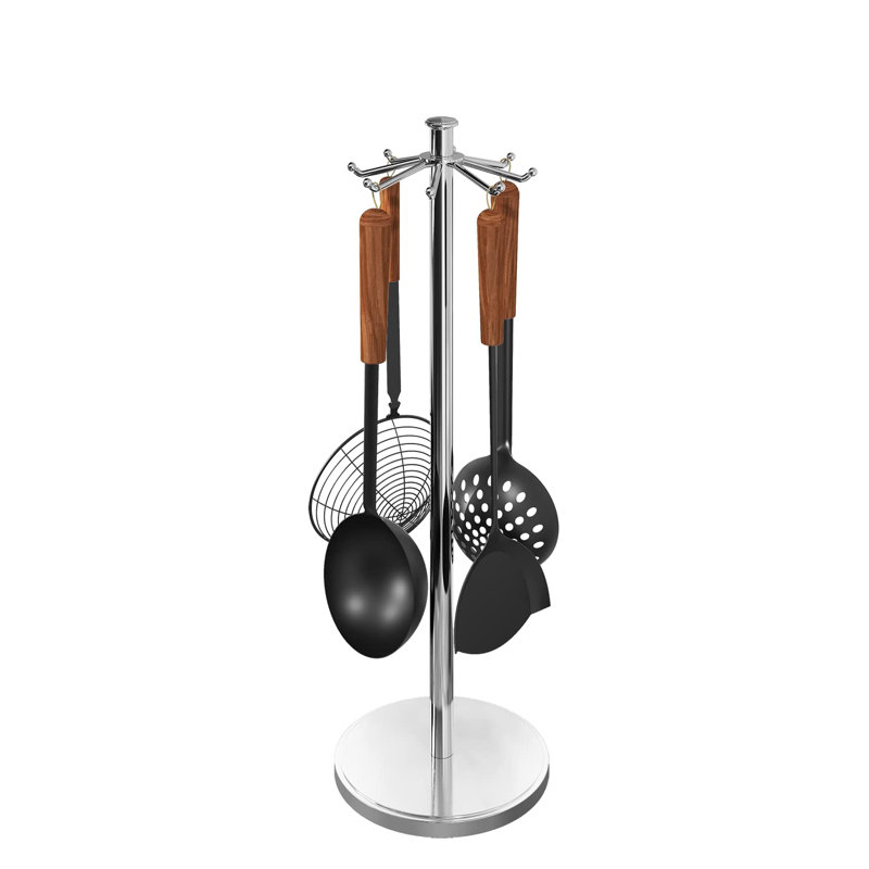 Porte-ustensiles de cuisine pour comptoir, organisateur d'ustensiles de cuisine rotatif en acier inoxydable avec 8 crochets (chrome)