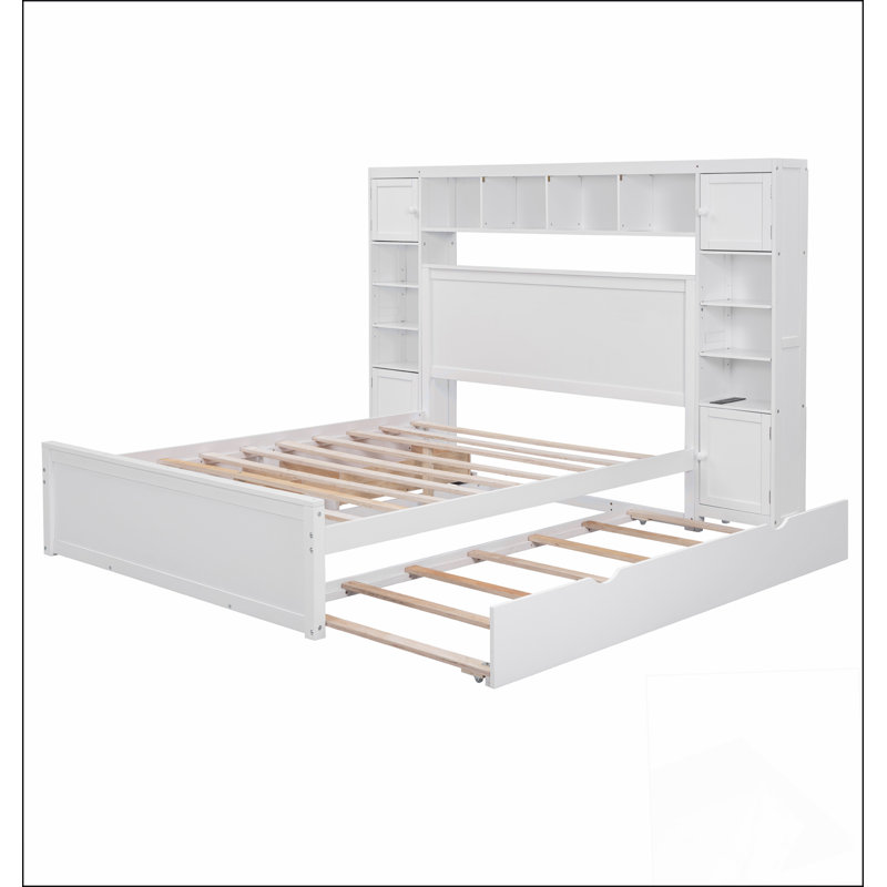 Grand lit en bois avec armoire, tablette et prises tout-en-un, Blanc