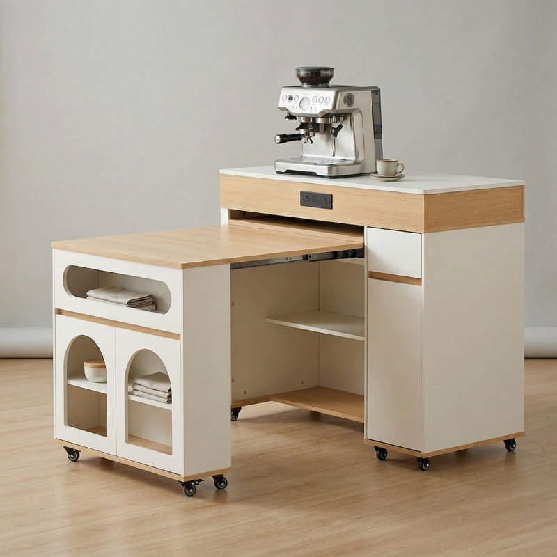 This Simple And Softly Colored Kitchen And Dining Set Includes A Telescopic Dining Table And A Mobile Island With Folding Mechanism, Power Outlets, And A Brake Lock, Along With Storage Cabinets, Making It Both Aesthetically Pleasing And Practical.