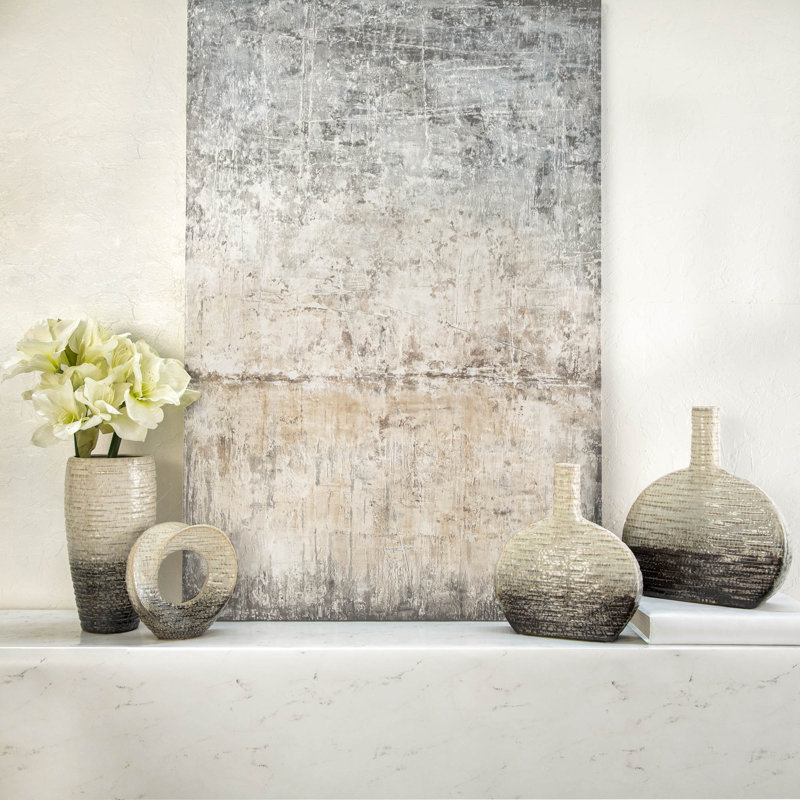 Modern Stoneware Ceramic Decorative Object, 8" H x 8" W x 3" D, Ivory/Beige