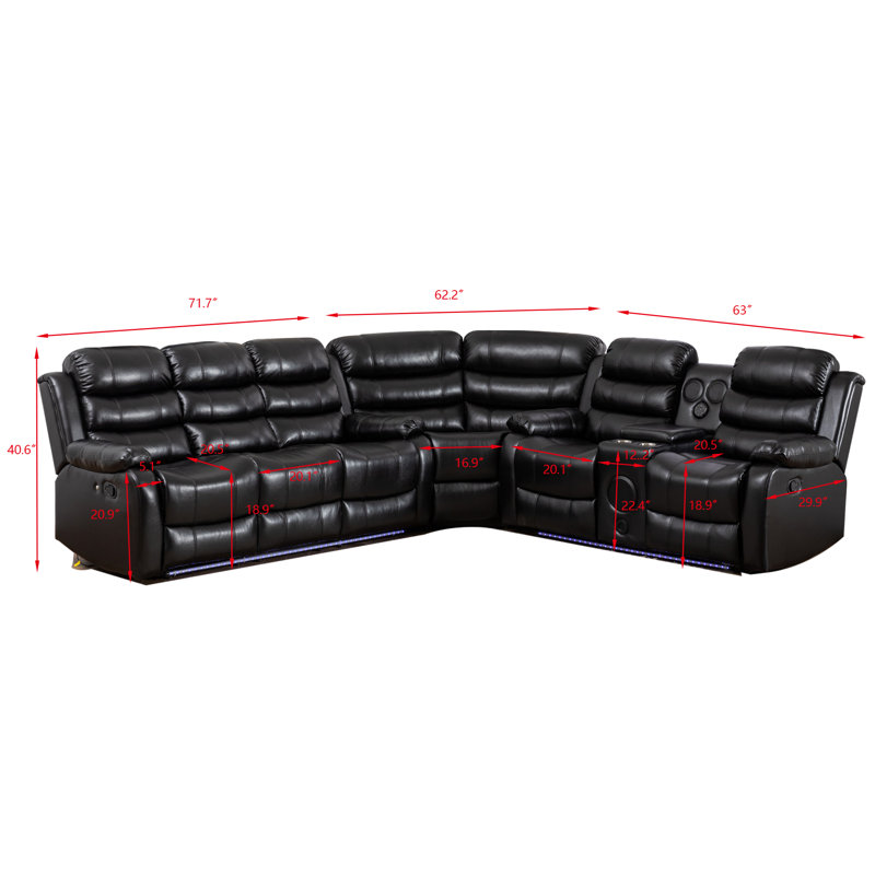 Manual Reclining Black Leather Sectional Sofa With Bluetooth Speaker 6 Seater Corner Couch, Black Faux Leather