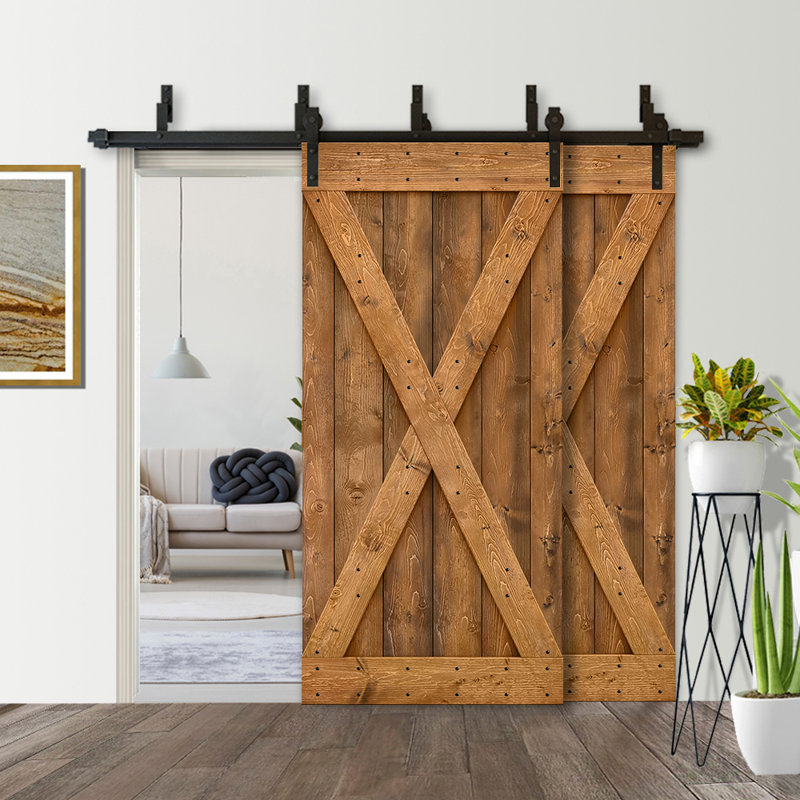 Porte de grange à panneaux et en bois avec quincaillerie d'installation, 52 po x 84 po, Noyer
