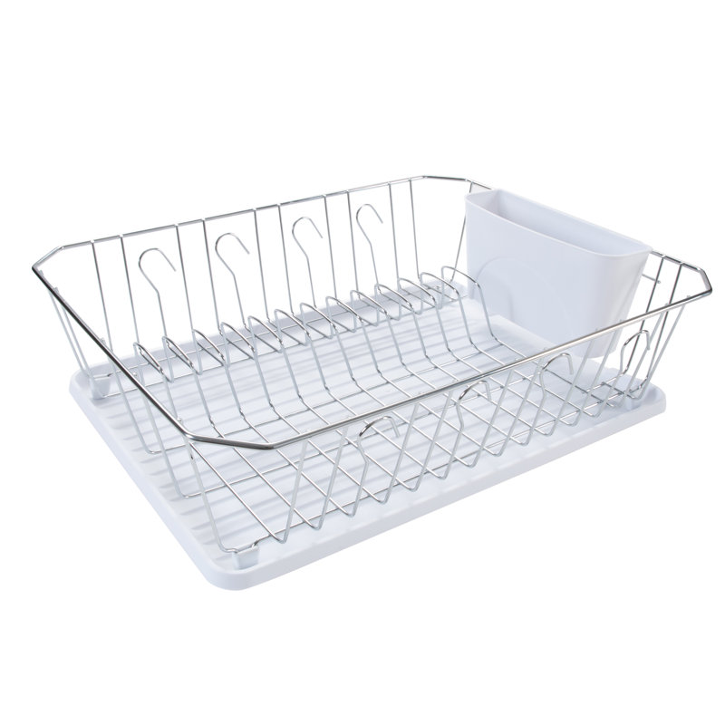 Chrome Foldable Dish Rack with Utensil Cup in White