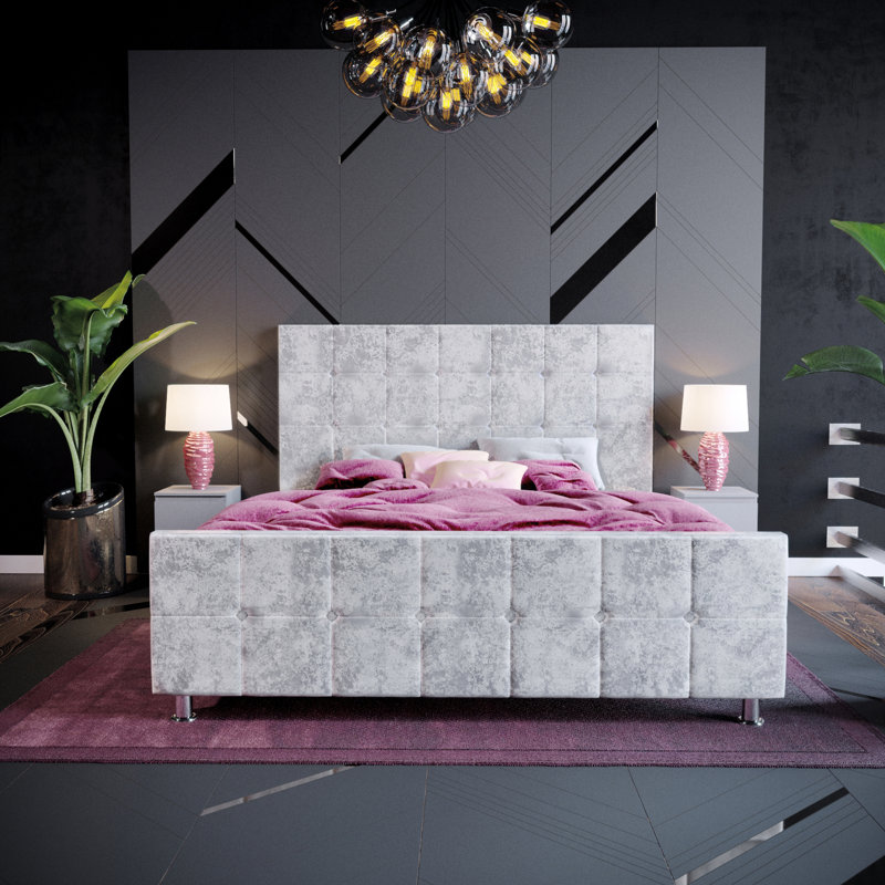Raul Upholstered Bed Frame, UKFR Certified, Kingsize (5')	, Crushed Velvet Silver