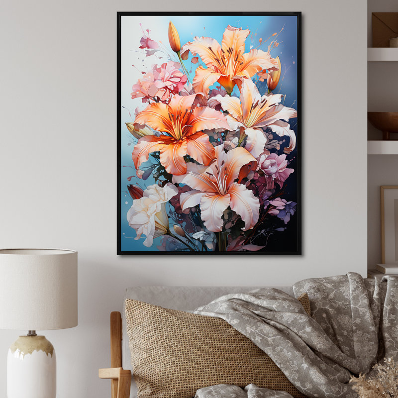 Représentation de lys, acrylique multicolore IV sur toile, H 40 po x l 30 po x P 1,5 po, Cadre flottant noir