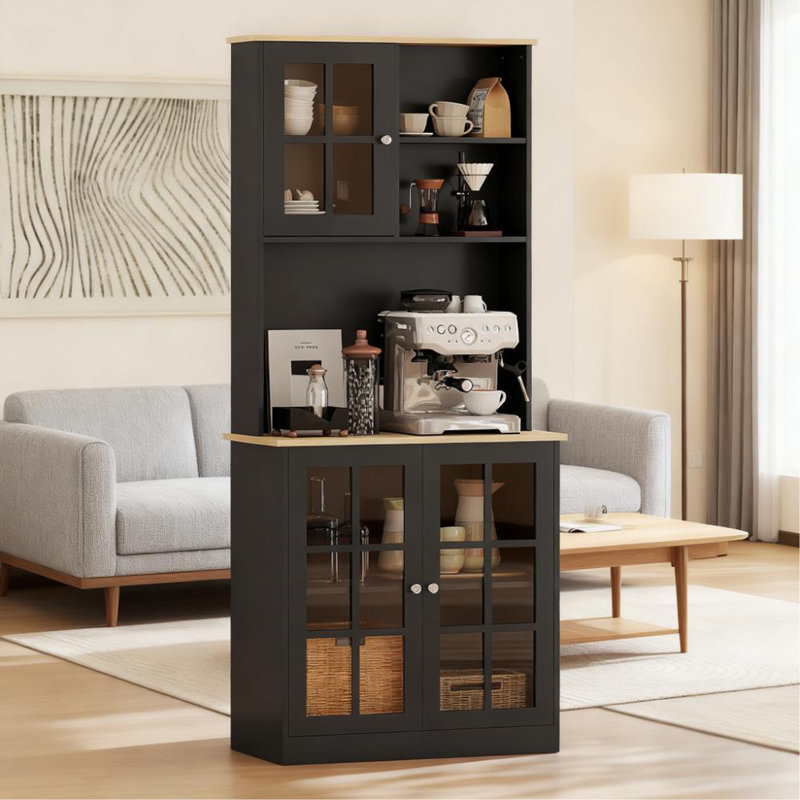 Armoire autoportante, armoire de rangement pour garde-manger, grand comptoir, portes en verre et tablettes réglables pour la salle à manger
