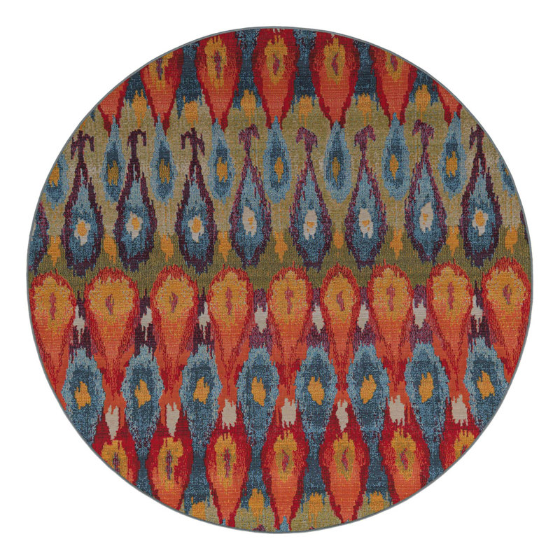 Tapis bleu intérieur / extérieur Newt Ikat, Rond 7 pi 1 po