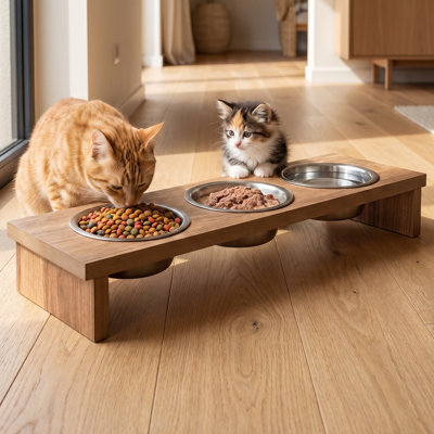 Modern Rustic Elevated 3-Bowl Pet Feeder Station