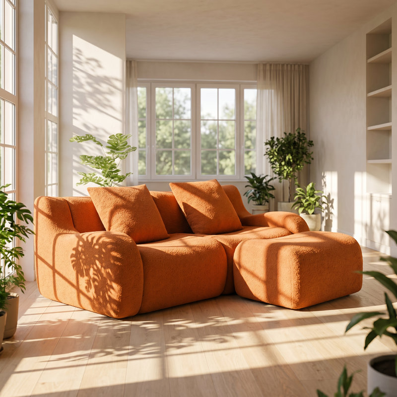 Valencia 82.7" W x 65.7" D x 27.9" H L-Shaped Teddy Fabric 2-Seat Sofa, Orange Teddy