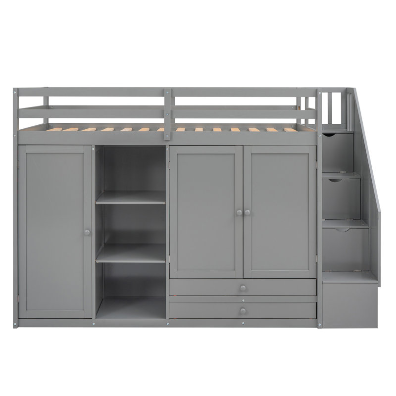 Lit mezzanine fonctionnel en bois peu encombrant avec solutions de rangement pour enfants et adolescents, finition gris moderne