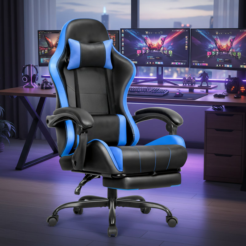 High-Back Reclining Leather Gaming Chair, Blue With Footrest And Lumbar Support, Height Adjustable, Ergonomic And Comfortable Computer Chair For Home And Office Use.