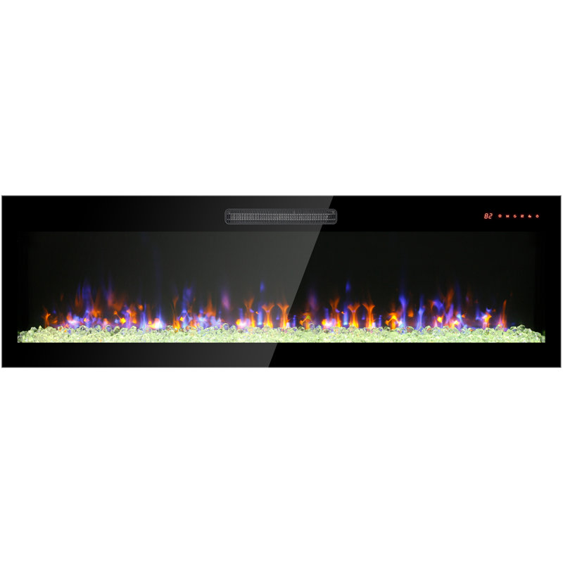 50 Inch Recessed Ultra Thin Tempered Glass Front Wall Mounted Electric Fireplace With Remote And Multi Color Flame & Emberbed, LED Light Heater
