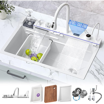 33 X 22 Inch Full White Large Single Bowl Stainless Steel Kitchen Sink - 304 Grade Nano Coating, Waterfall Edge, Pressurized Cup Washer, Modern Embossed Design