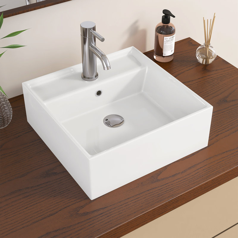 15.75 In. X 15.75 In. Rectangular Ceramic Wall Mount Small Vessel Sink With Center Faucet Hole In White
