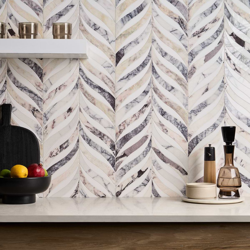 Begonia 12x15 Polished Marble Mosaic Tile, Peach Lilac Cream
